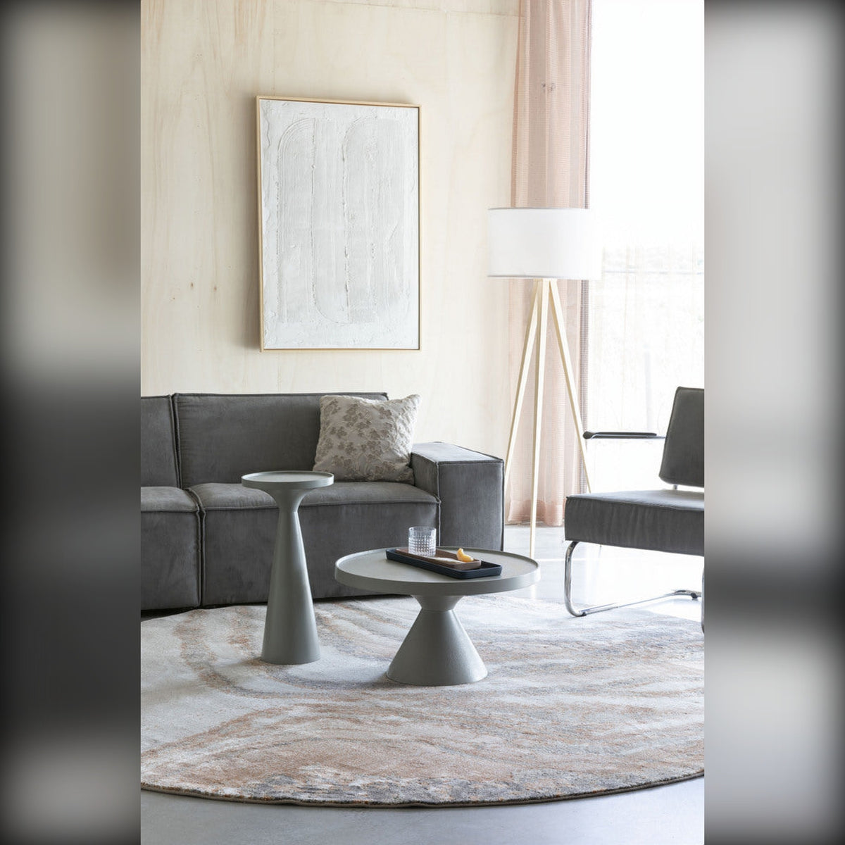 Side Table Floss Grey Domestica – Lifestyle – Beside a Coffee Table and Armchair