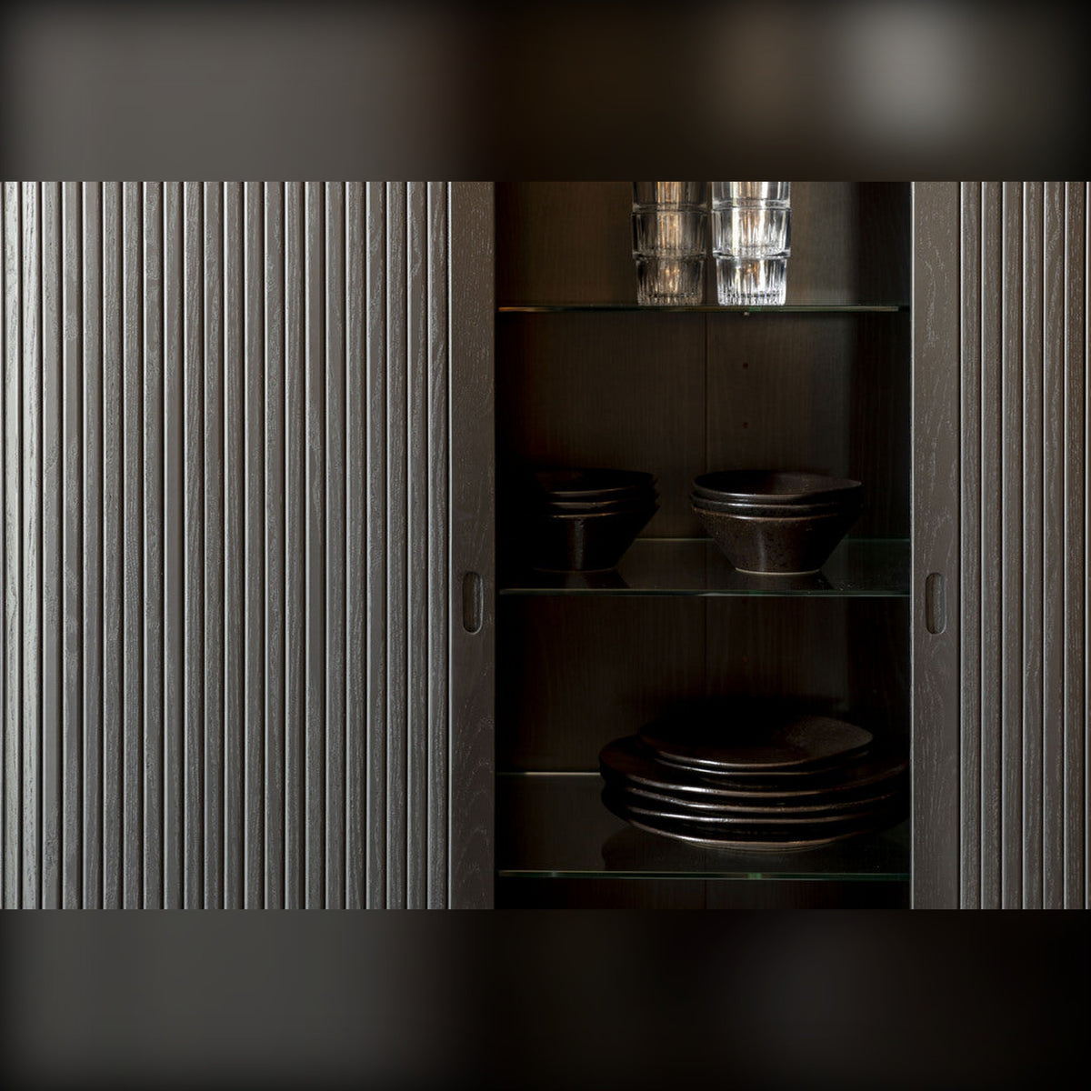 Cabinet Barbier Black Domestica – Open Tambour Door and Glass Shelves Close-up