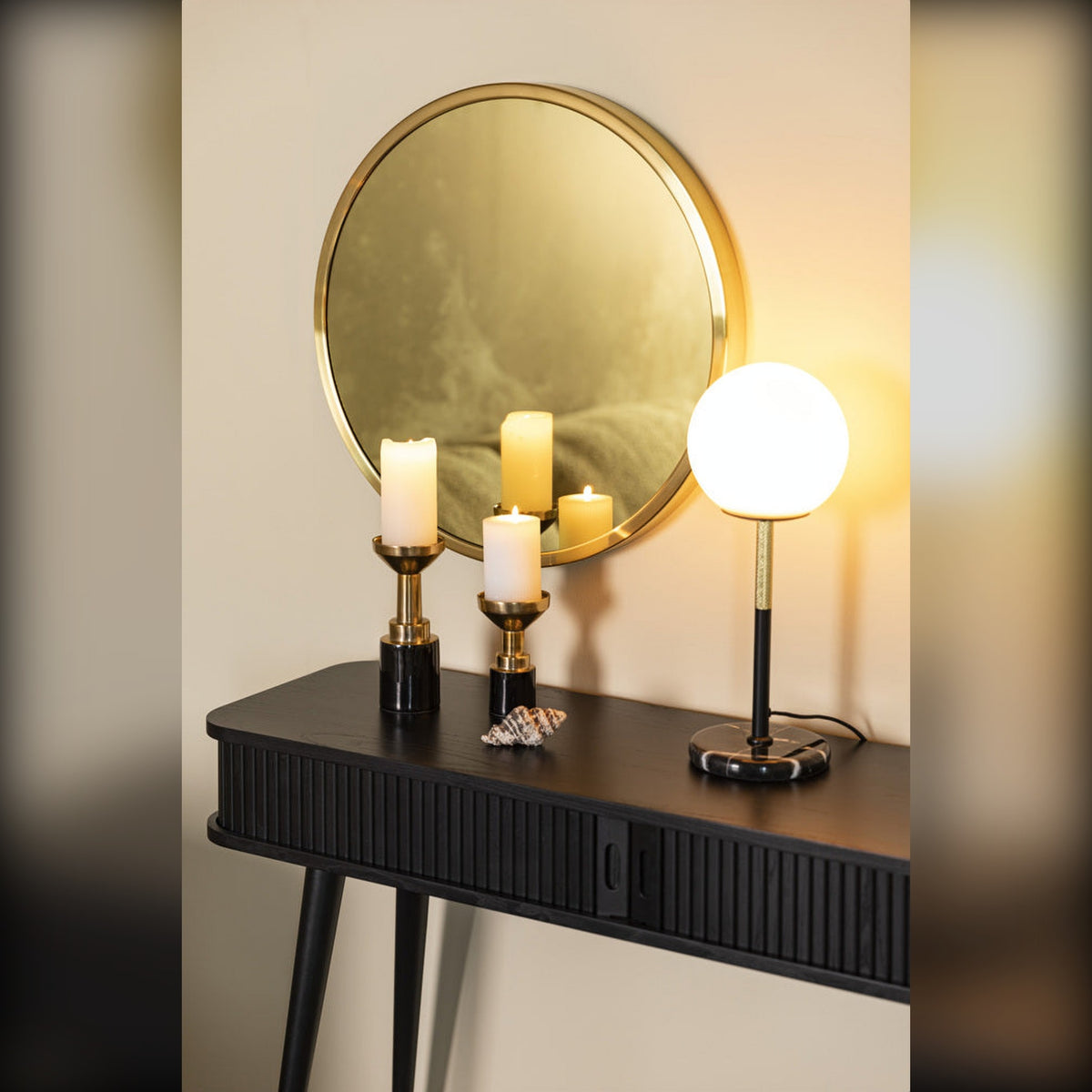 Candle Holder Glam Black S Domestica – Lifestyle – On a Dark Console Table with Mirror and Lamp