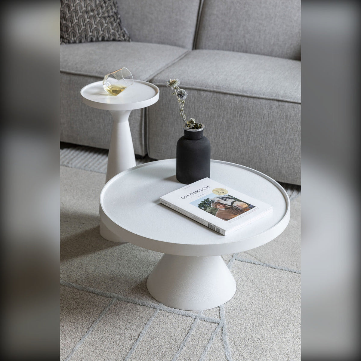 Side Table Floss White Domestica – Lifestyle – Beside a Sofa with a Coffee Table