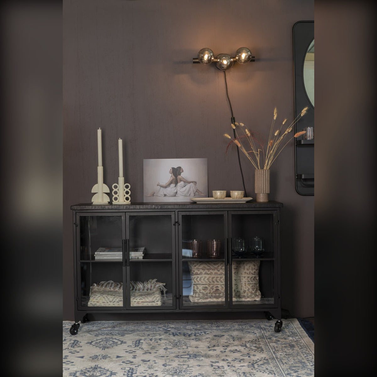 Cabinet Ferre Low Domestica – Lifestyle – Styled with Candles, Vase and Wall Light