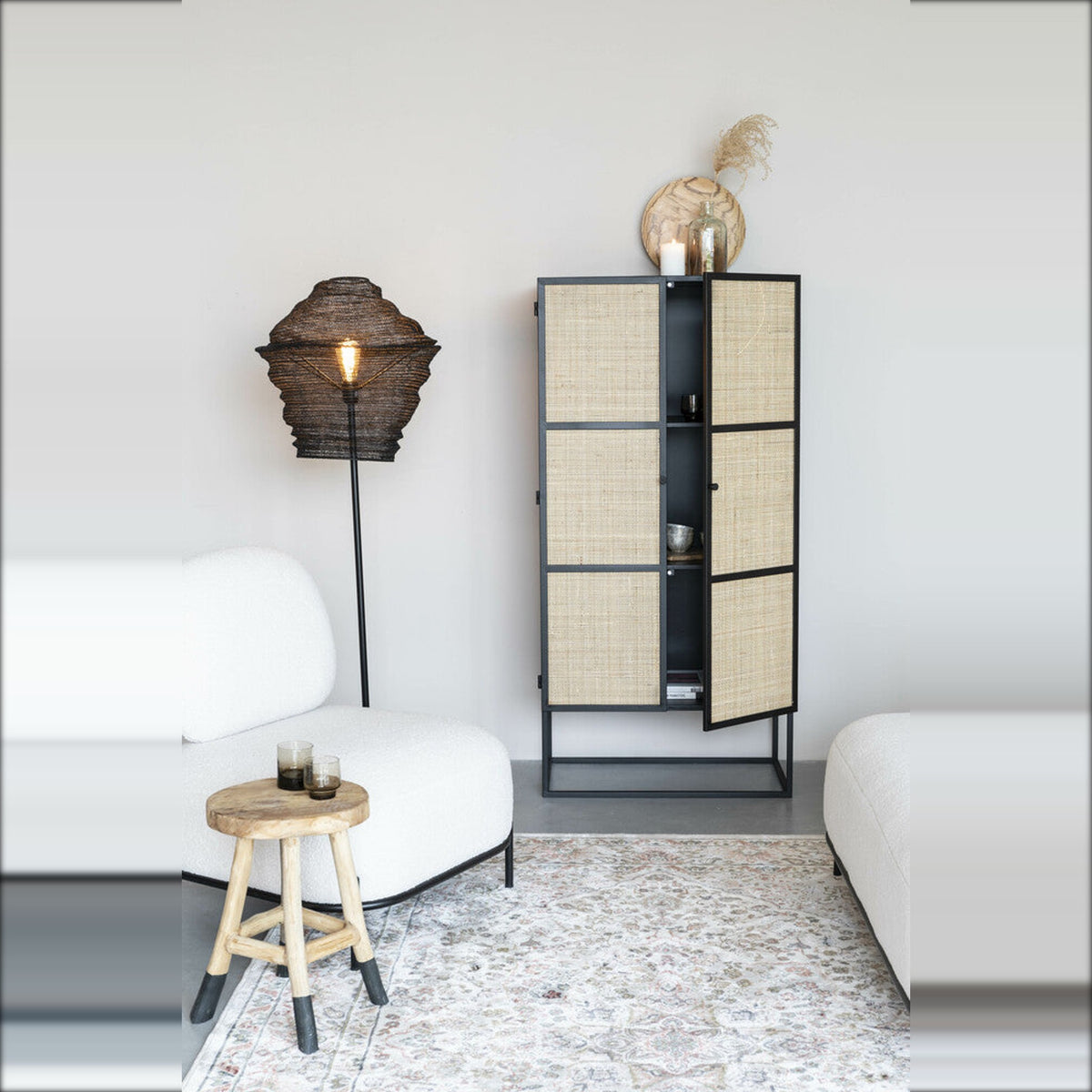 Cabinet Guuji High 2 Doors Black Domestica – Lifestyle – Living Room with Floor Lamp