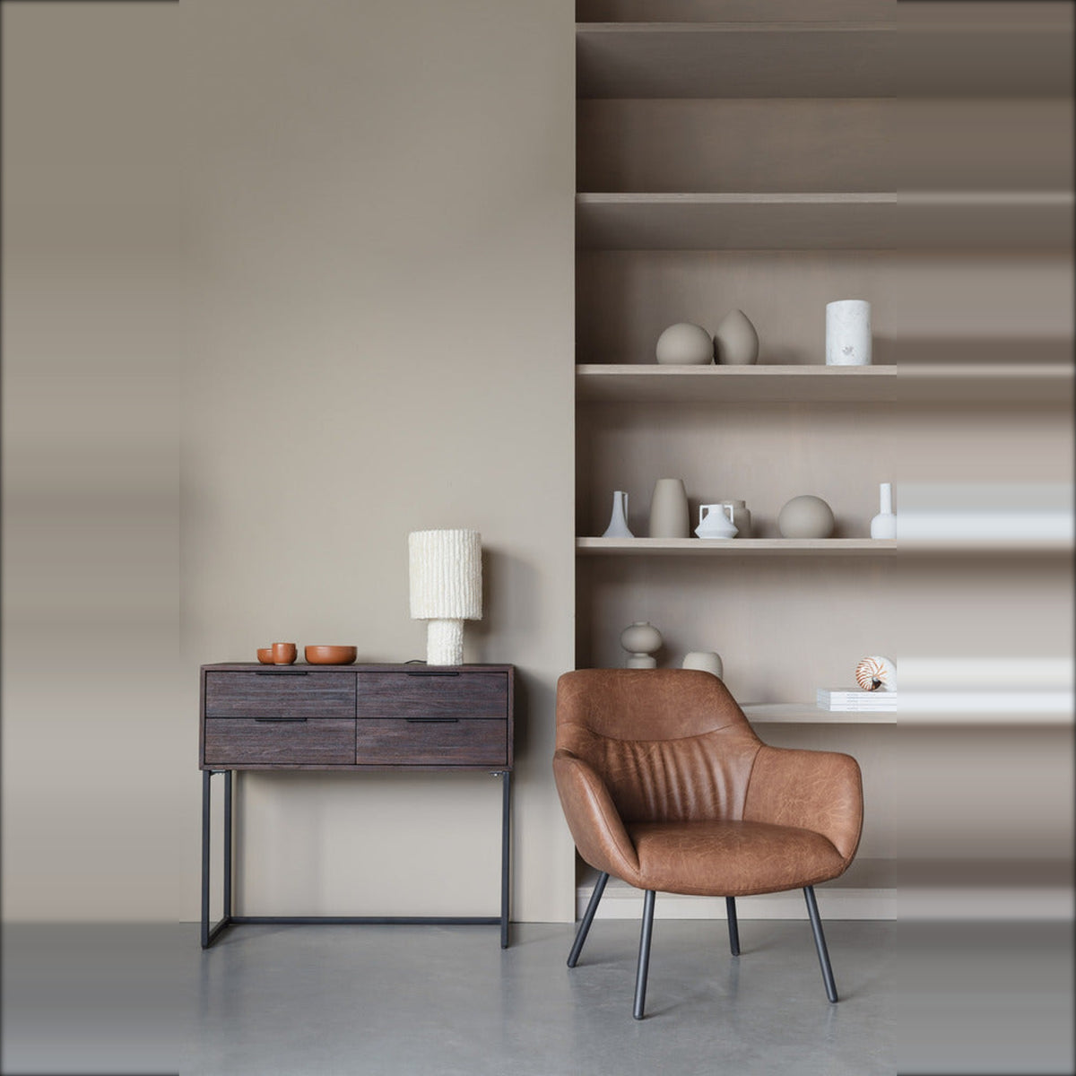 Cabinet Webster S Brown Domestica – Lifestyle – With Shelving and Leather Armchair