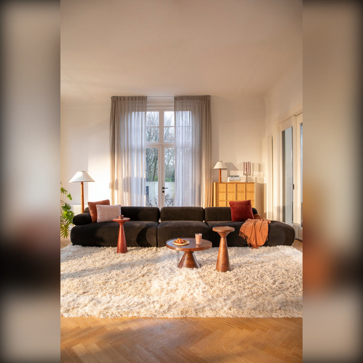 Coffee Table Floss Walnut Domestica – Lifestyle – Living Room with a Long Dark Sofa