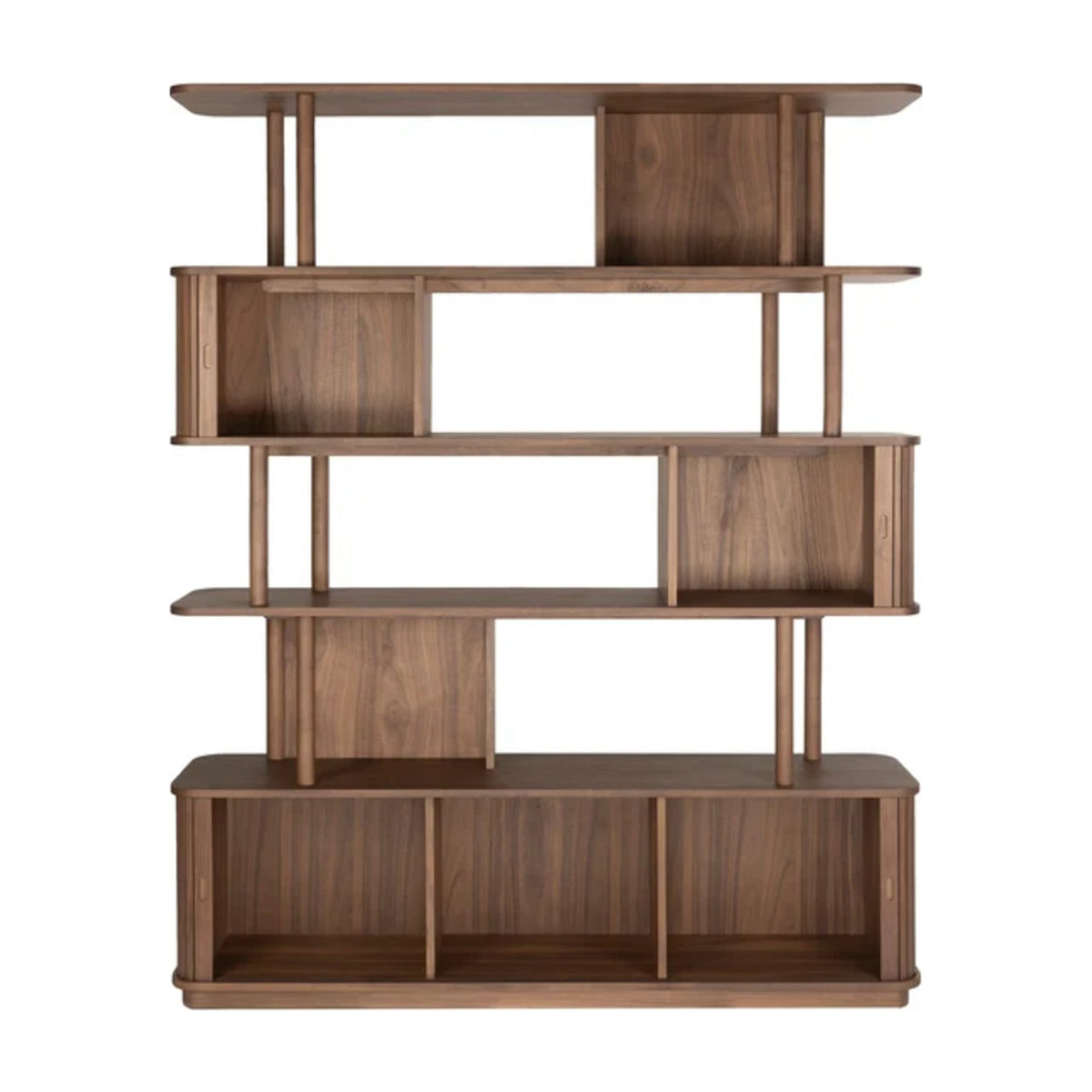 Bookcase Barbier Walnut Domestica – Front View on White, All Doors Open