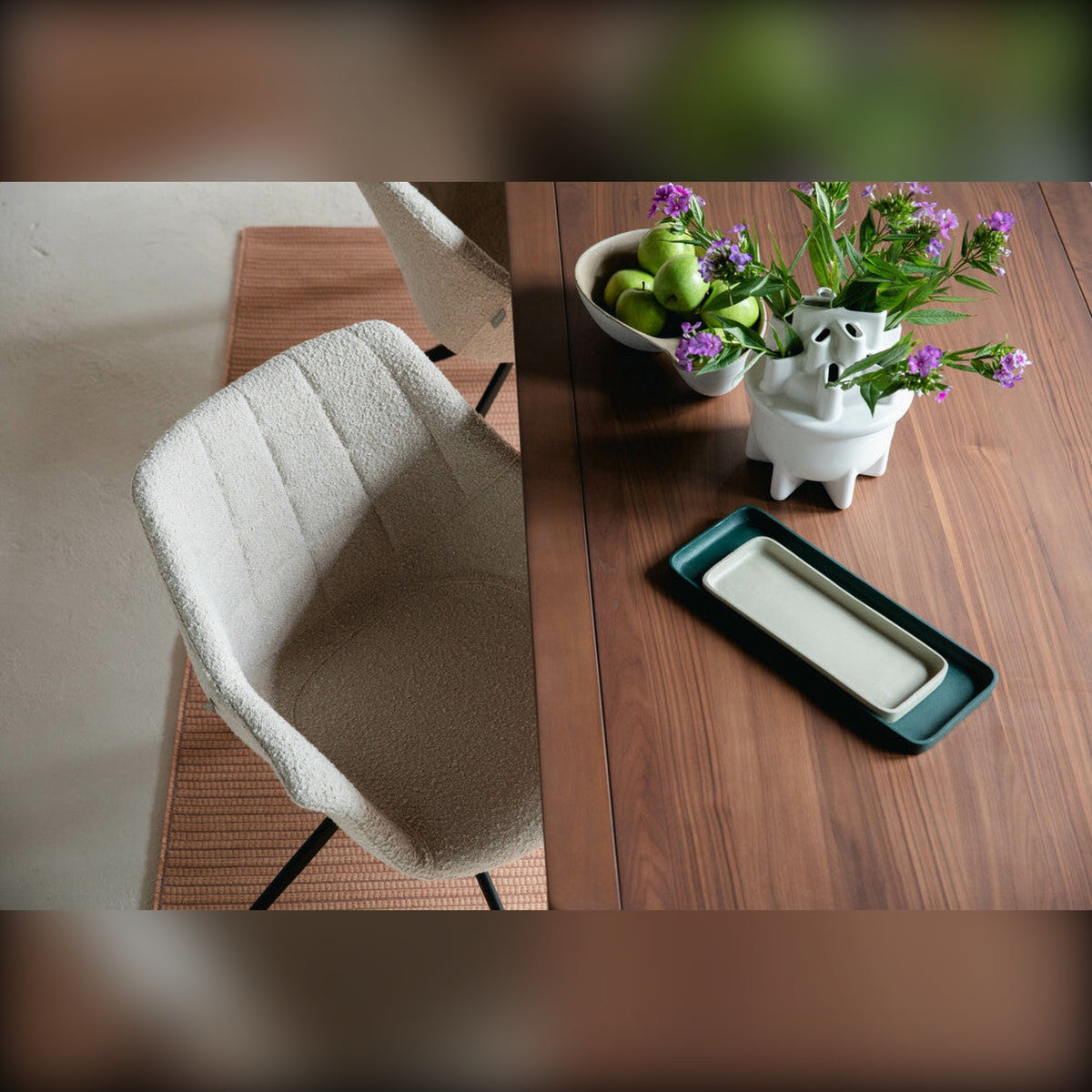 Armchair Doulton Swivel Natural Domestica – Lifestyle – At a Walnut Dining Table with Plants, Seen from Above