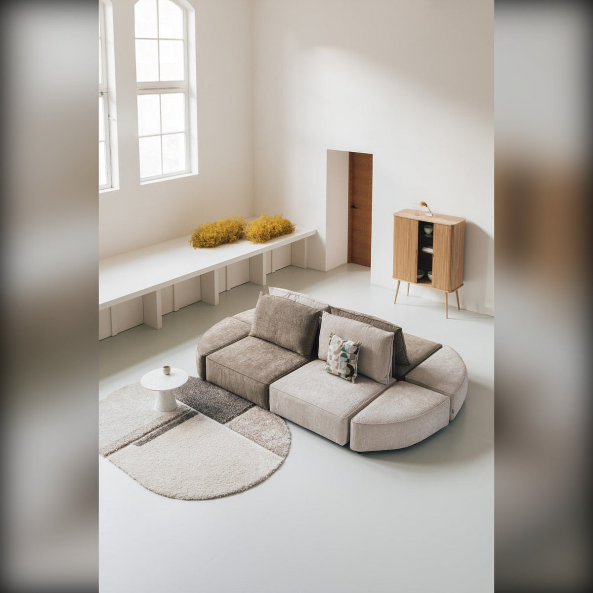 Cabinet Barbier Natural Domestica – Lifestyle – Loft Living Room with Round Rug