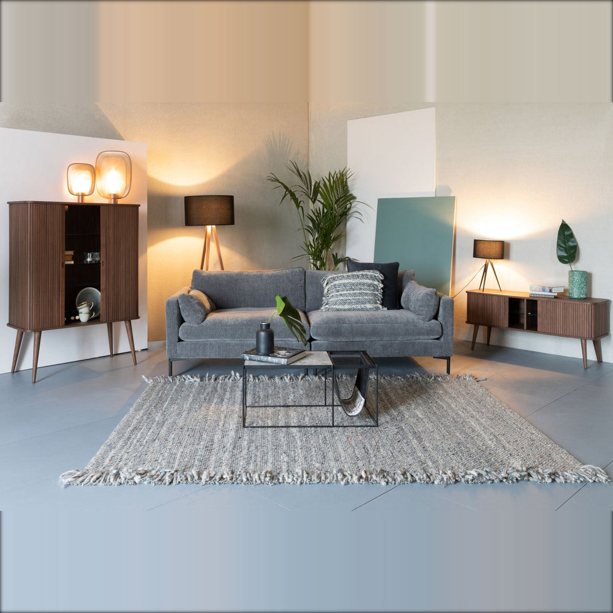 Cabinet Barbier Walnut Domestica – Lifestyle – Living Room with Grey Sofa