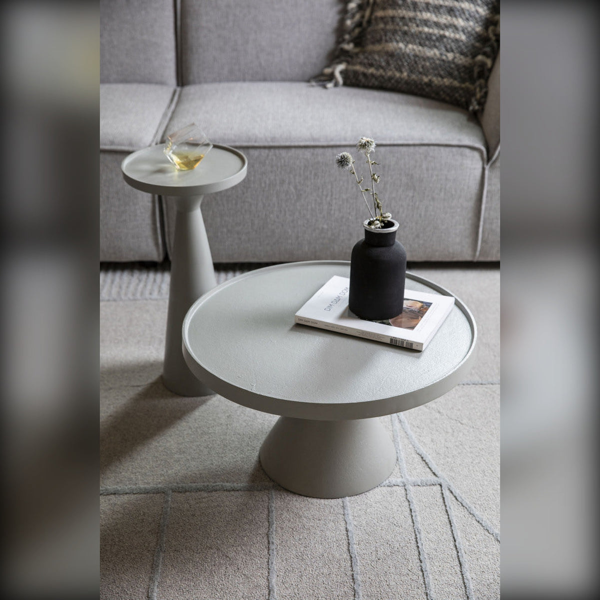 Side Table Floss Grey Domestica – Lifestyle – Beside a Round Coffee Table, Top View