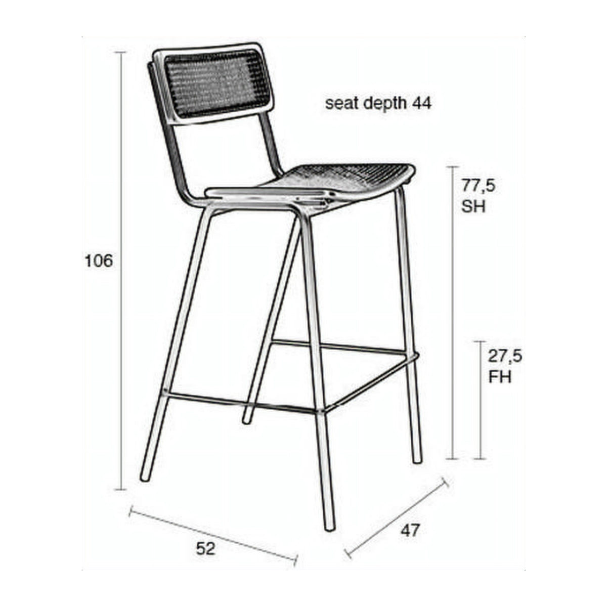 Barstool Jort Natural Black Domestica – Dimensions Drawing