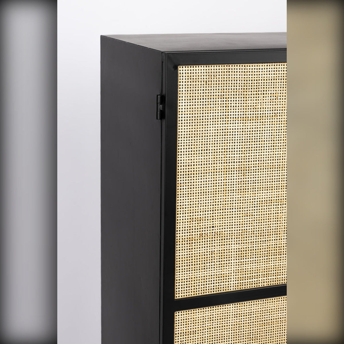 Cabinet Guuji High 2 Doors Black Domestica – Top Corner and Rattan Door Detail