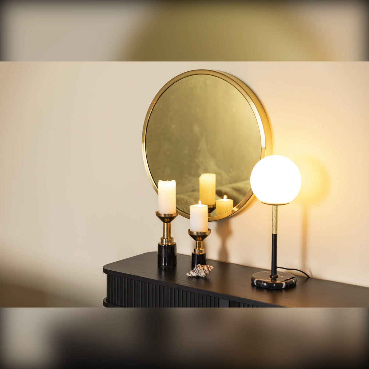 Candle Holder Glam Black M Domestica – Lifestyle – On a Black Console with Round Mirror