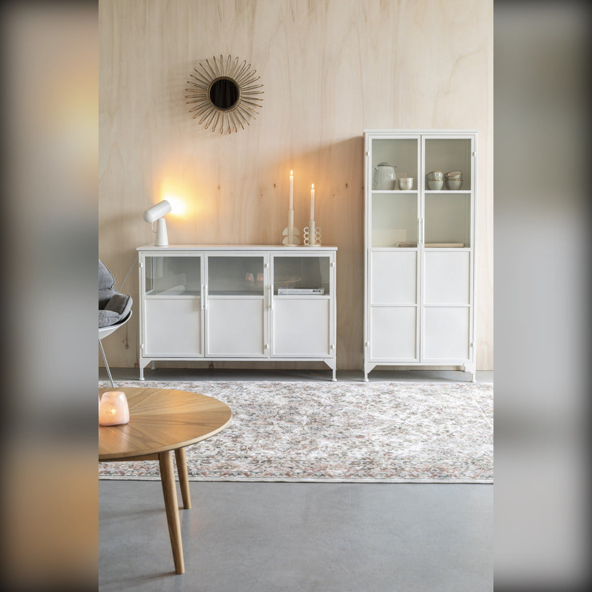 Cabinet Miya High 2do Domestica – Lifestyle – Living Room with Low White Cabinet and Round Wooden Table