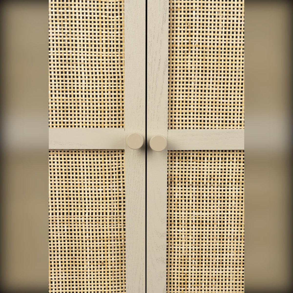 Cabinet Amaya Low 2 Doors Beige Domestica – Rattan Doors and Knobs Close-up
