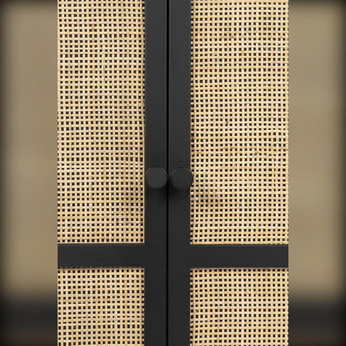Cabinet Guuji Low 2 Doors Black Domestica – Rattan Doors and Black Knobs Close-up