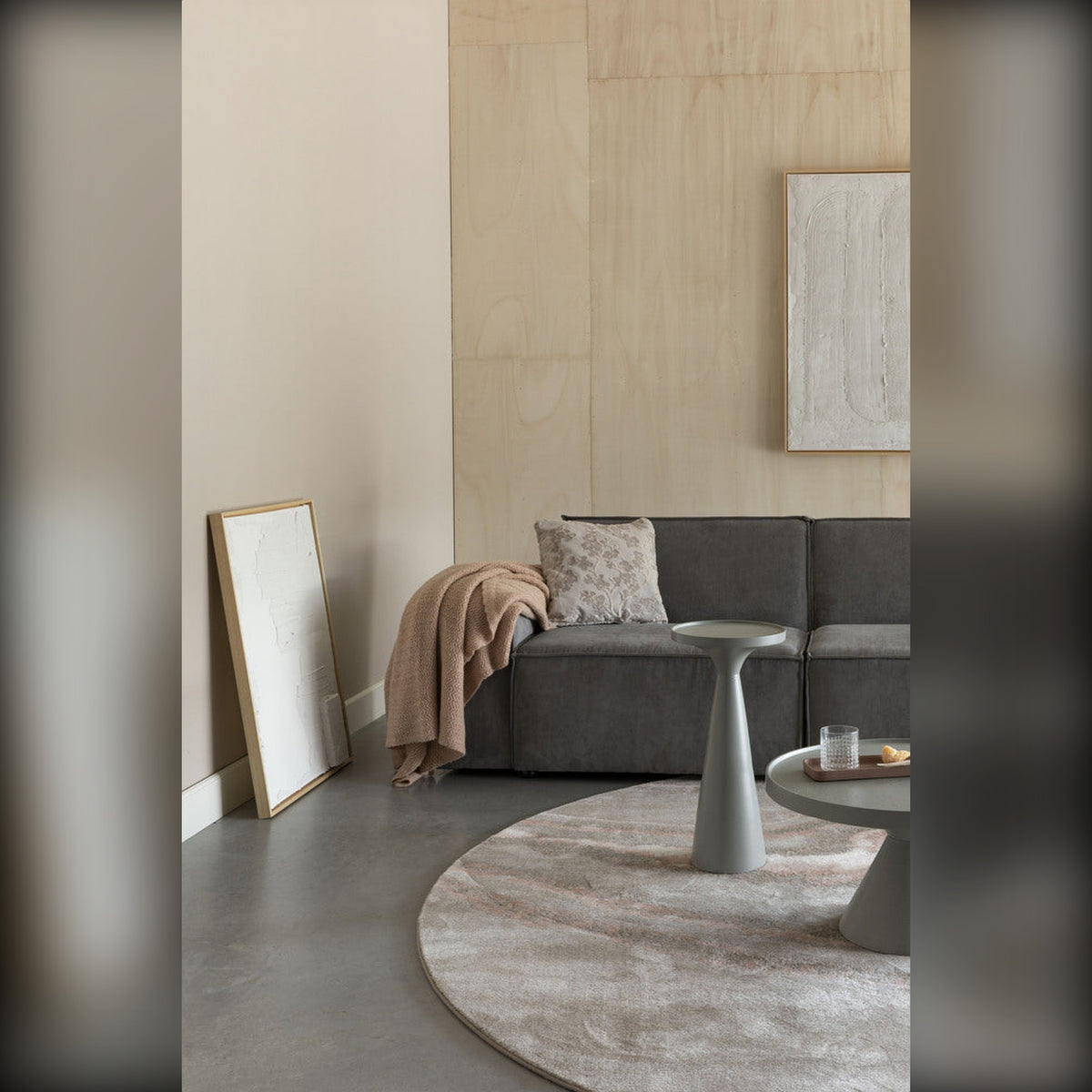 Side Table Floss Grey Domestica – Lifestyle – On a Round Rug by a Sofa