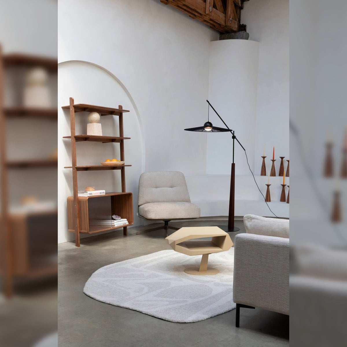 Shelf Rise Walnut Domestica – Lifestyle – Living Room with Lounge Chair and Floor Lamp