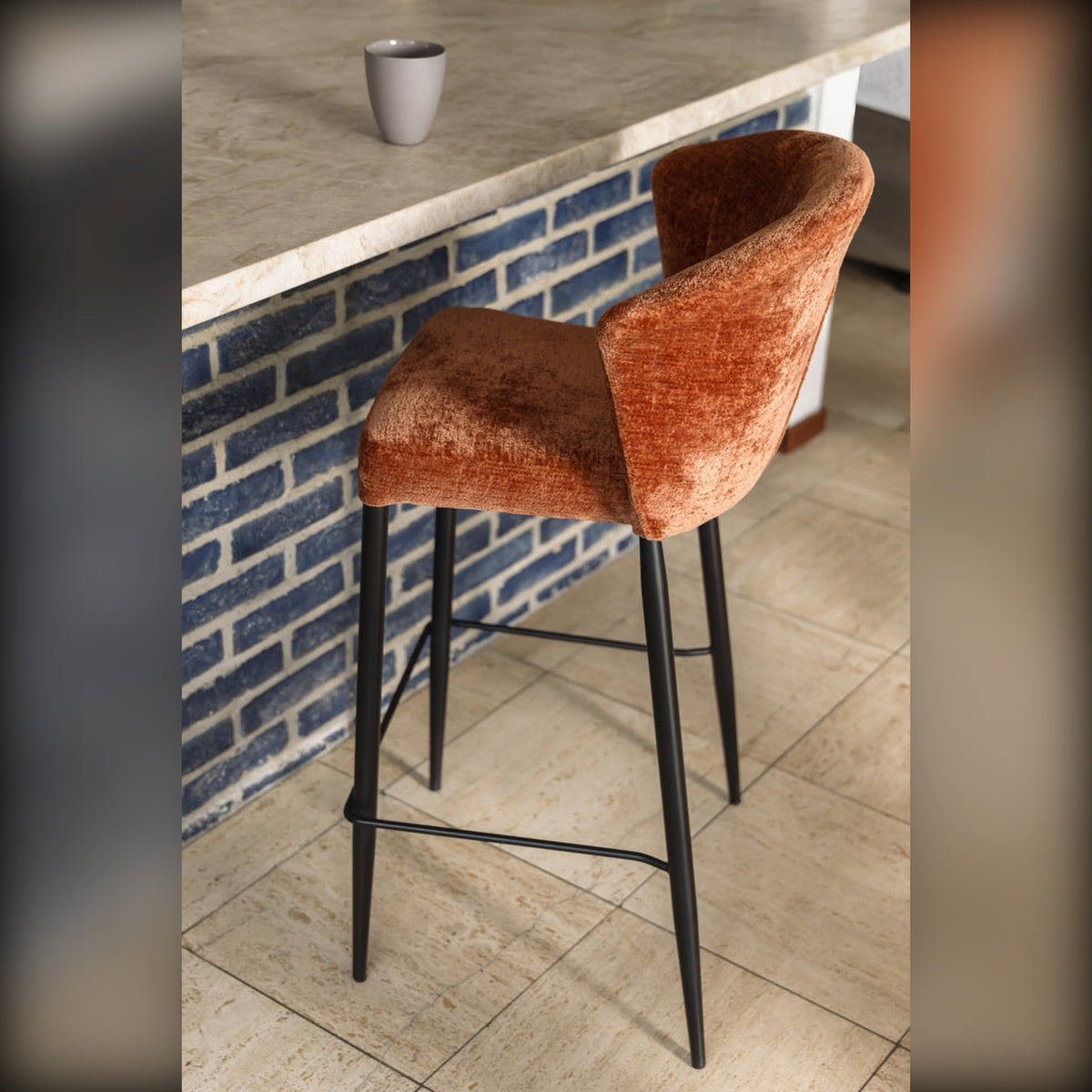 Counter Chair Georgia Terra Domestica – Lifestyle – At a Kitchen Island with Blue Tiles