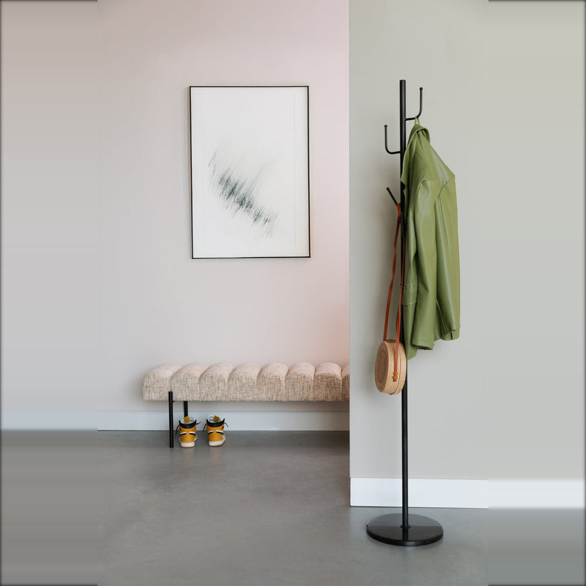 Bench Jethro 160 Beige Domestica – Lifestyle – In a Hallway Beside a Coat Rack