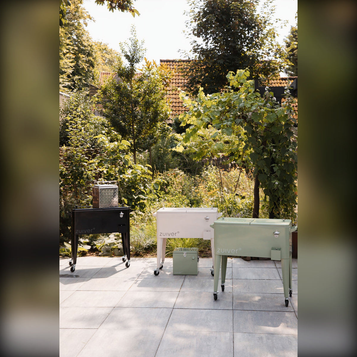 Cooler Be Cool Domestica – Lifestyle – Garden Terrace with Black, Cream and Green Coolers
