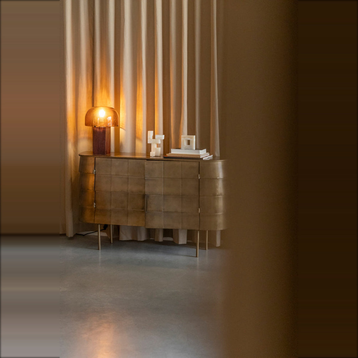 Sideboard Hanna Gold Domestica – Lifestyle – Beside Floor-Length Curtains