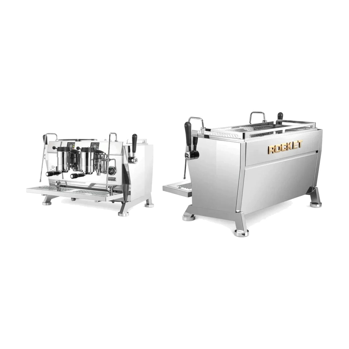 Espresso Machine R 9V Rocket Espresso Domestica – Shown Beside a Single Group Machine on White