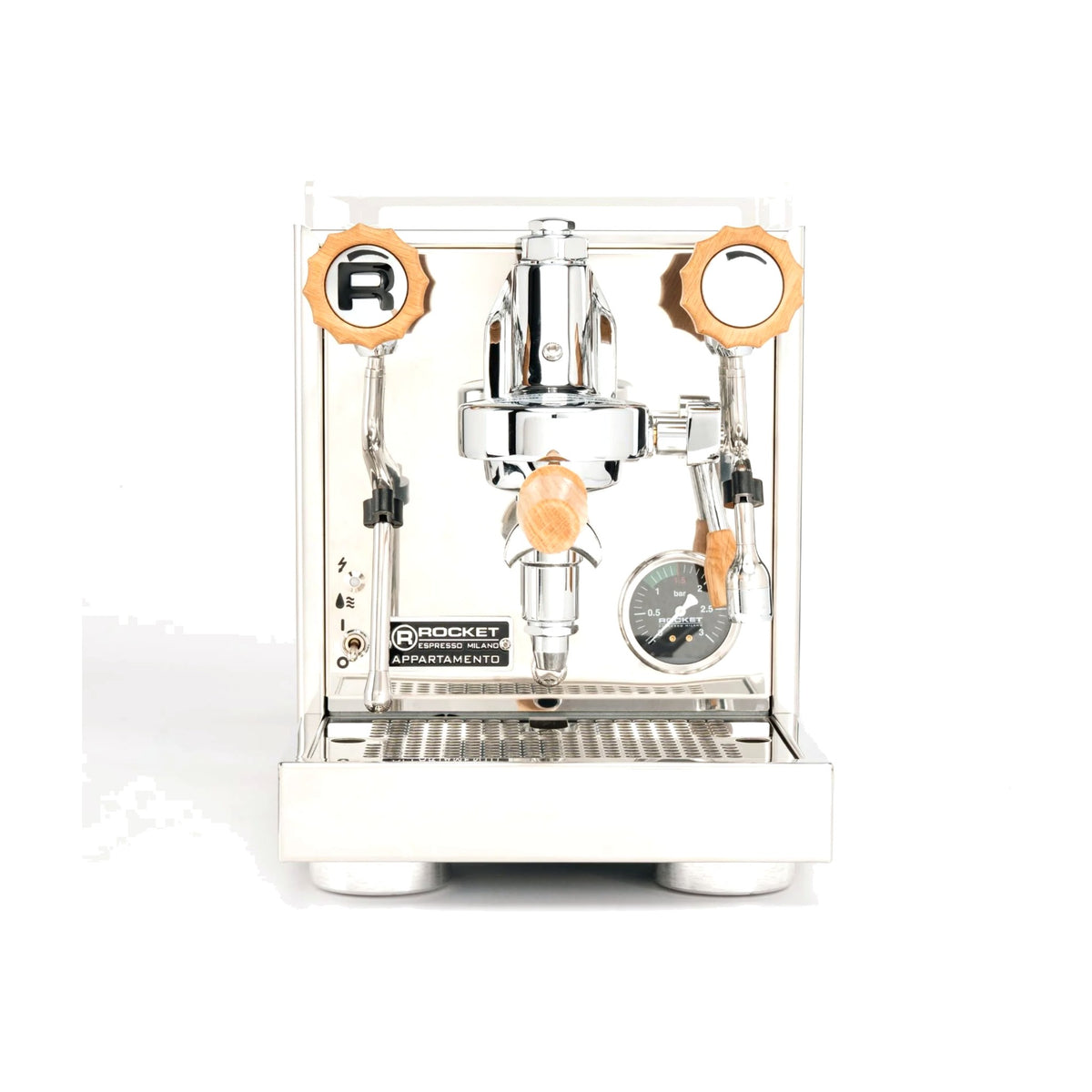 Espresso Machine Appartamento Rocket Espresso Domestica – Inox/Wood – Front View with Wooden Knobs and Handle