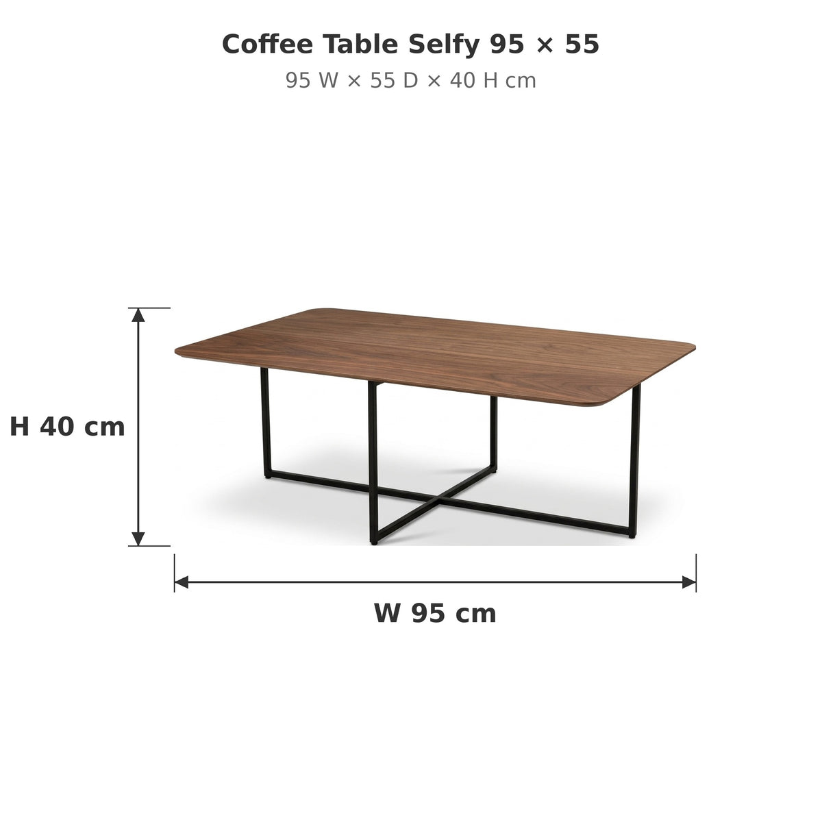 Coffee Table Selfy 95x55 Walnut Black Domestica – Dimensions
