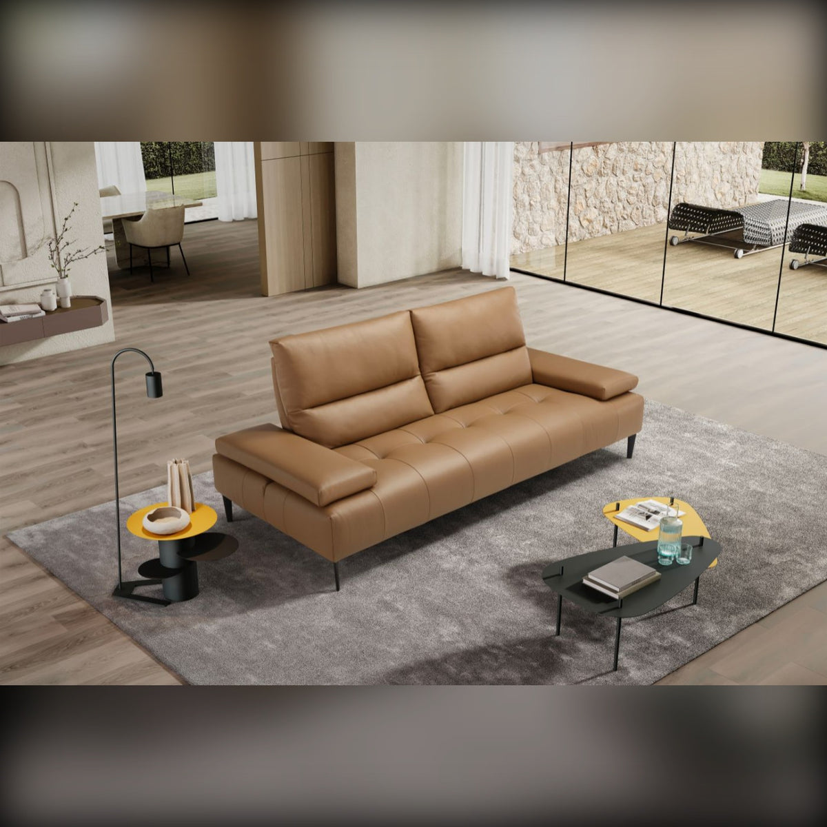 Sofa Tate Platinum Grey Domestica – Lifestyle – Living Room – Shown in Tan Leather