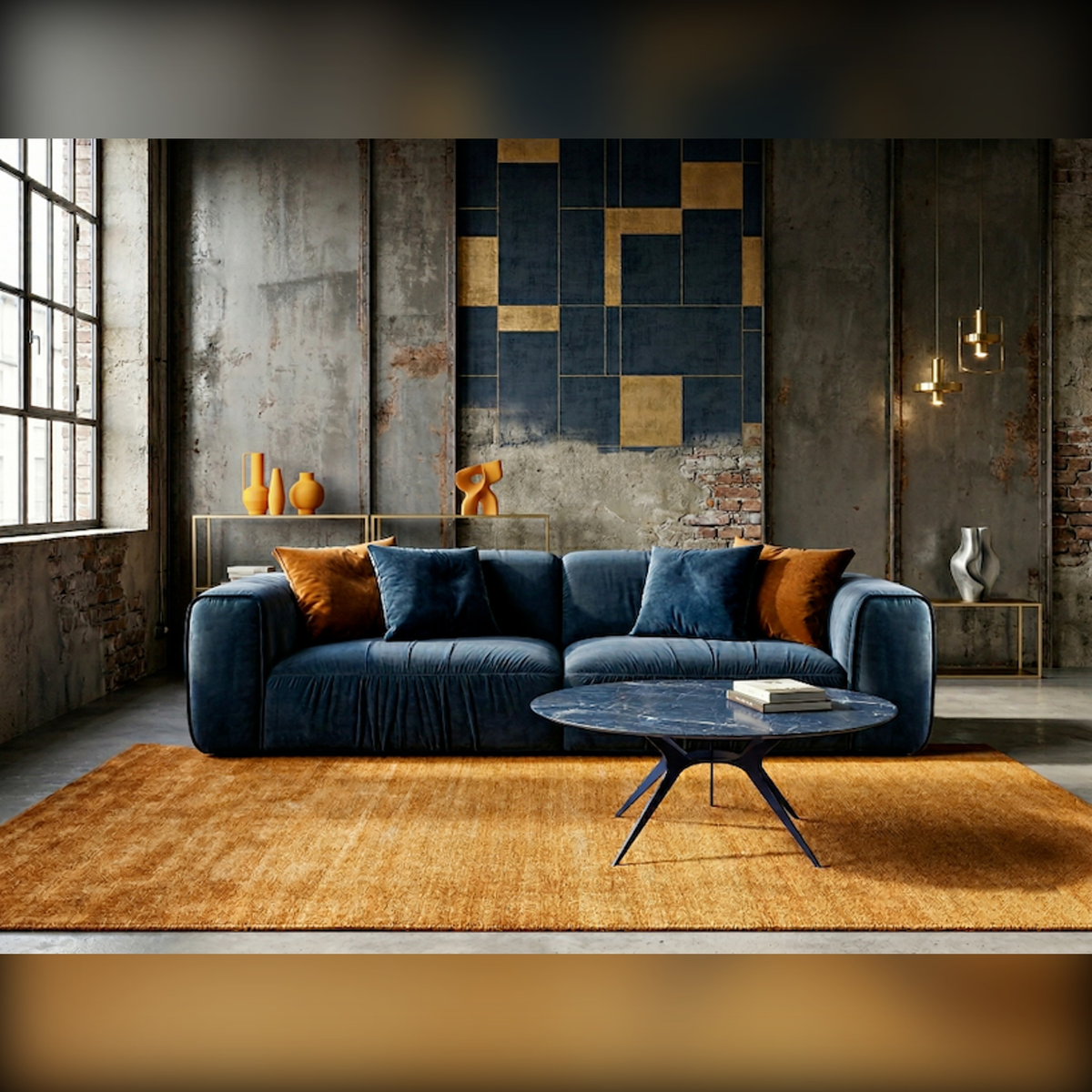 Brezza Domestica – Lifestyle – Blue Sofa on an Orange Rug