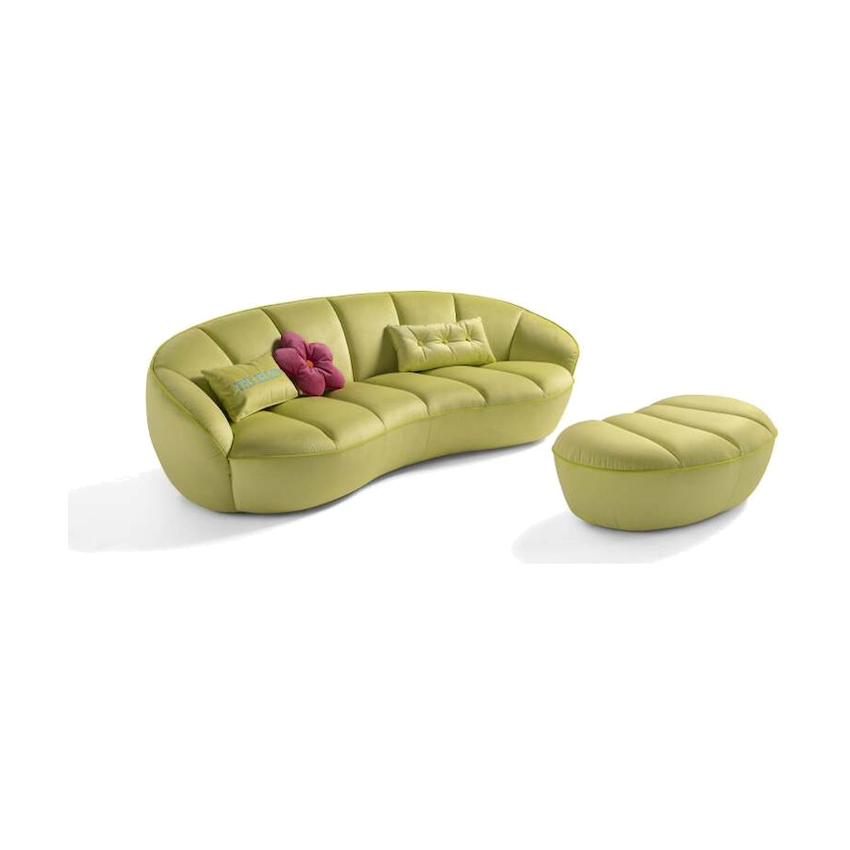 Egoitaliano Shai 3-Seater Curved Sofa Lime Green Fabric Domestica – Angle View with Pouf Tondo