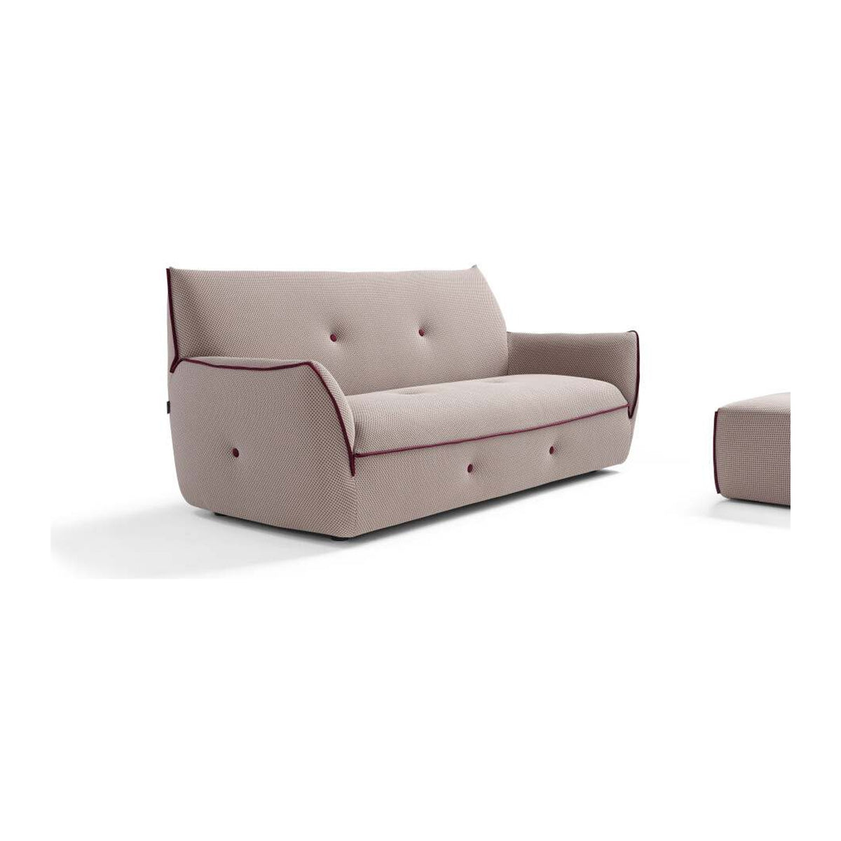 Sofa Yuki 2P Maxi Cream Fuchsia Domestica – Three Quarter View with Pouf