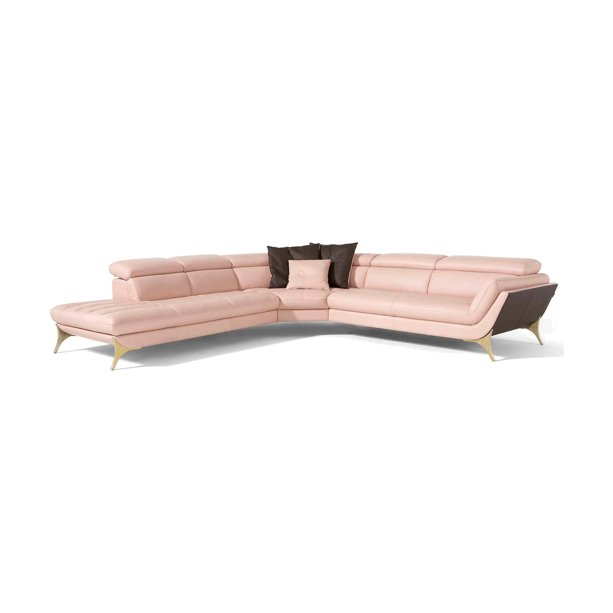Divano Sueli Angolare Penisola Rosa Domestica – Front View Corner Rosa Espresso Bicolour Gold Flower Feet Headrests Raised