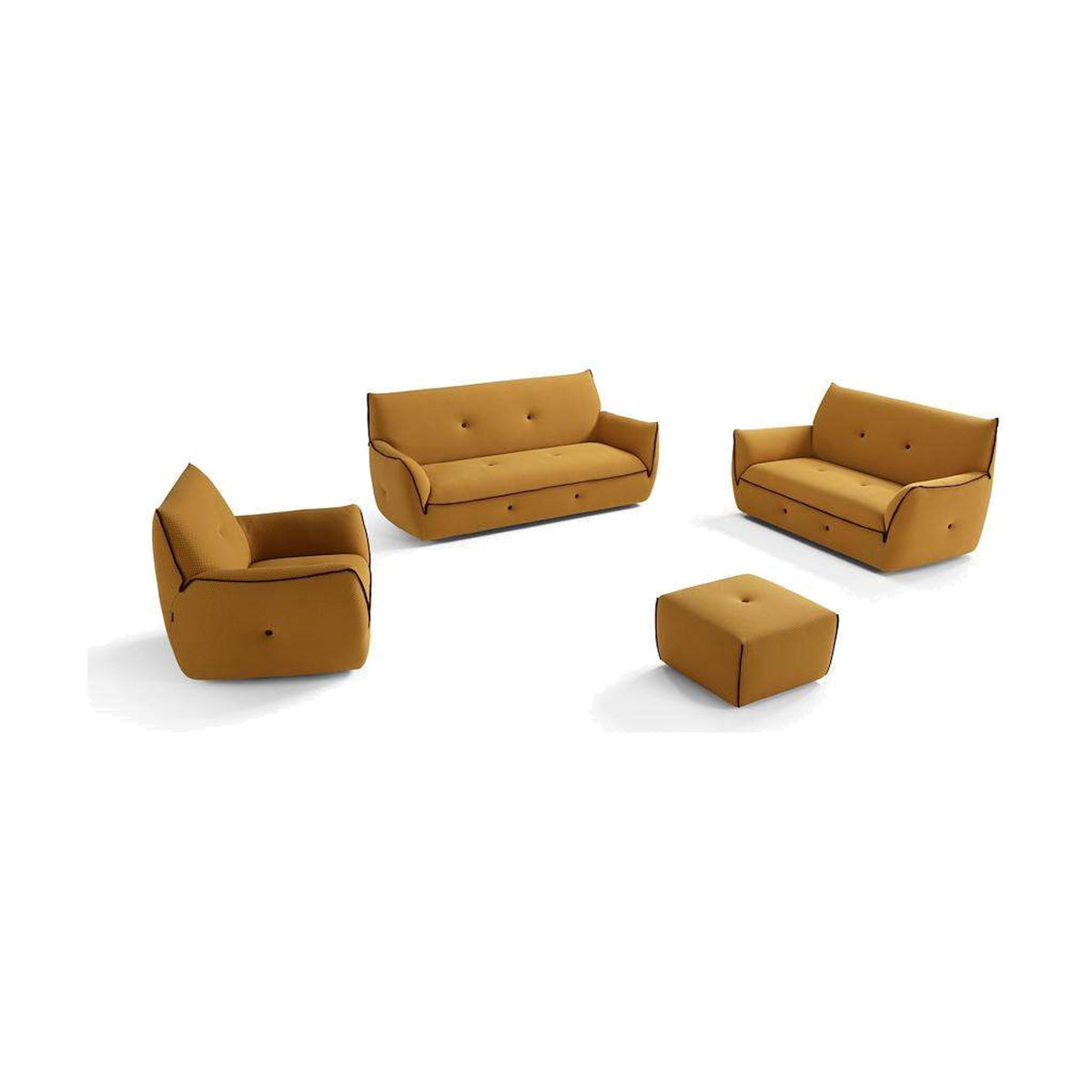 Egoitaliano Yuki 3P Sofa Mustard Yellow Burgundy Domestica – Angle View Right with Armchair