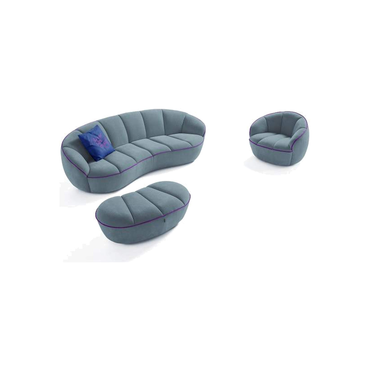 Egoitaliano Shai Swivel Armchair Steel Blue Fabric Purple Piping Domestica – Top and Side View