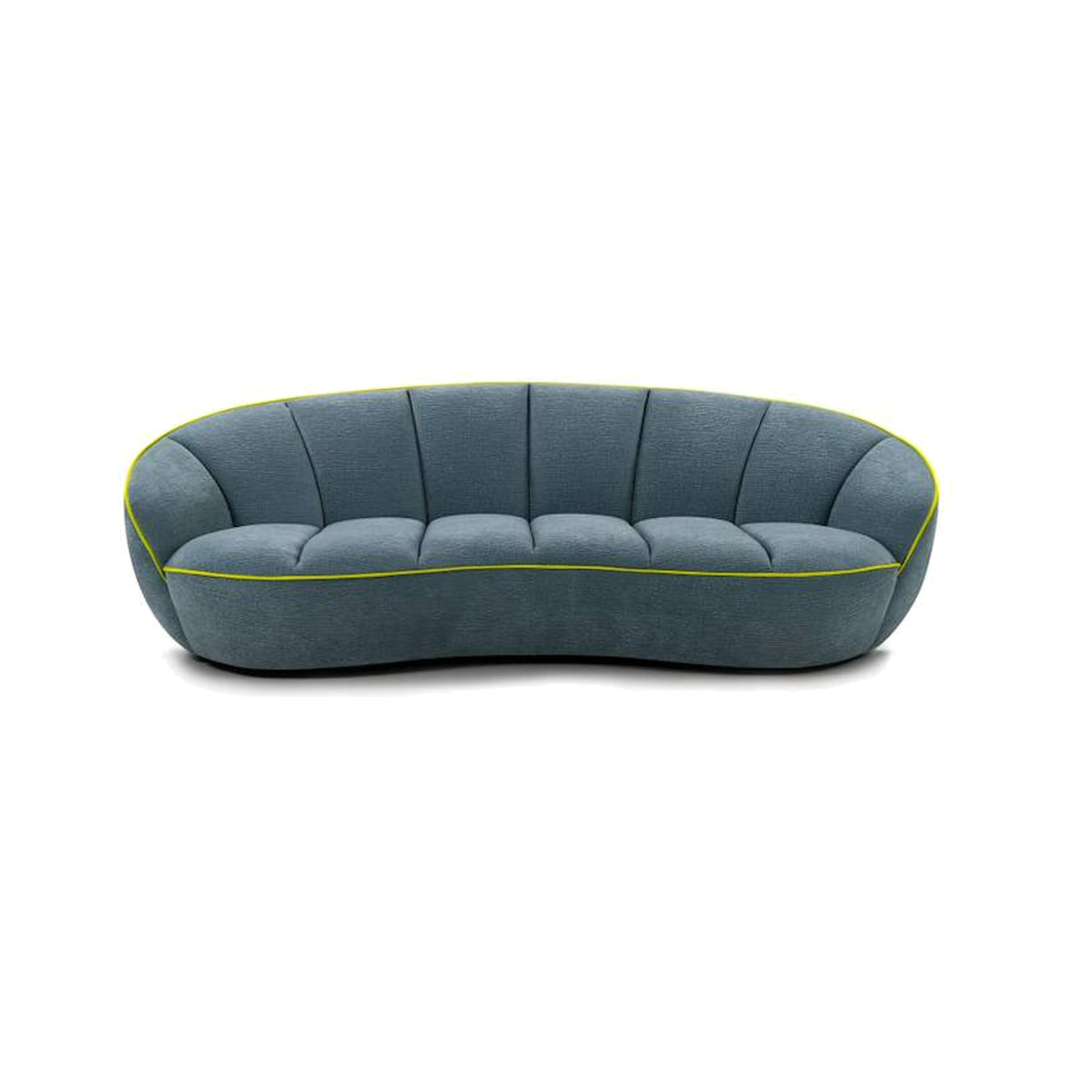 Egoitaliano Shai 3-Seater Curved Sofa Steel Blue Fabric Lime Piping Domestica – Front View
