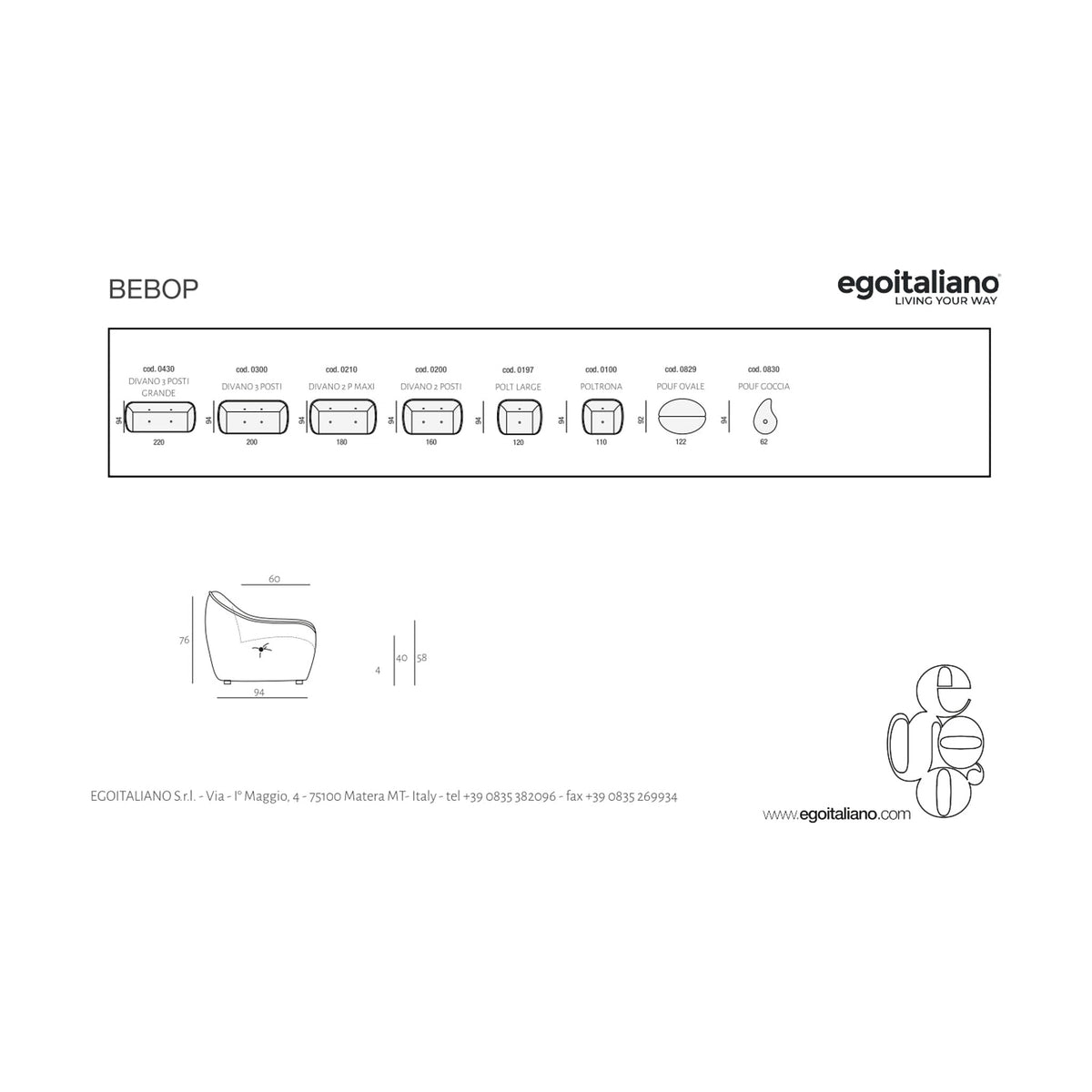 Sofa Bebop Terracotta Domestica – Dimensions
