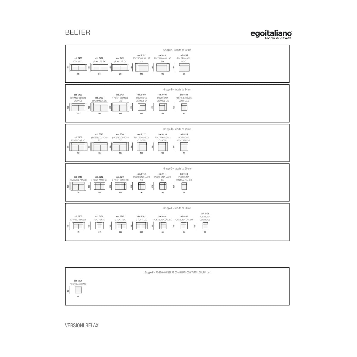 Divano Belter 3P Blu Acciaio Domestica – Dimensions Sheet Fixed Versions Groups A B C D E F All Configurations