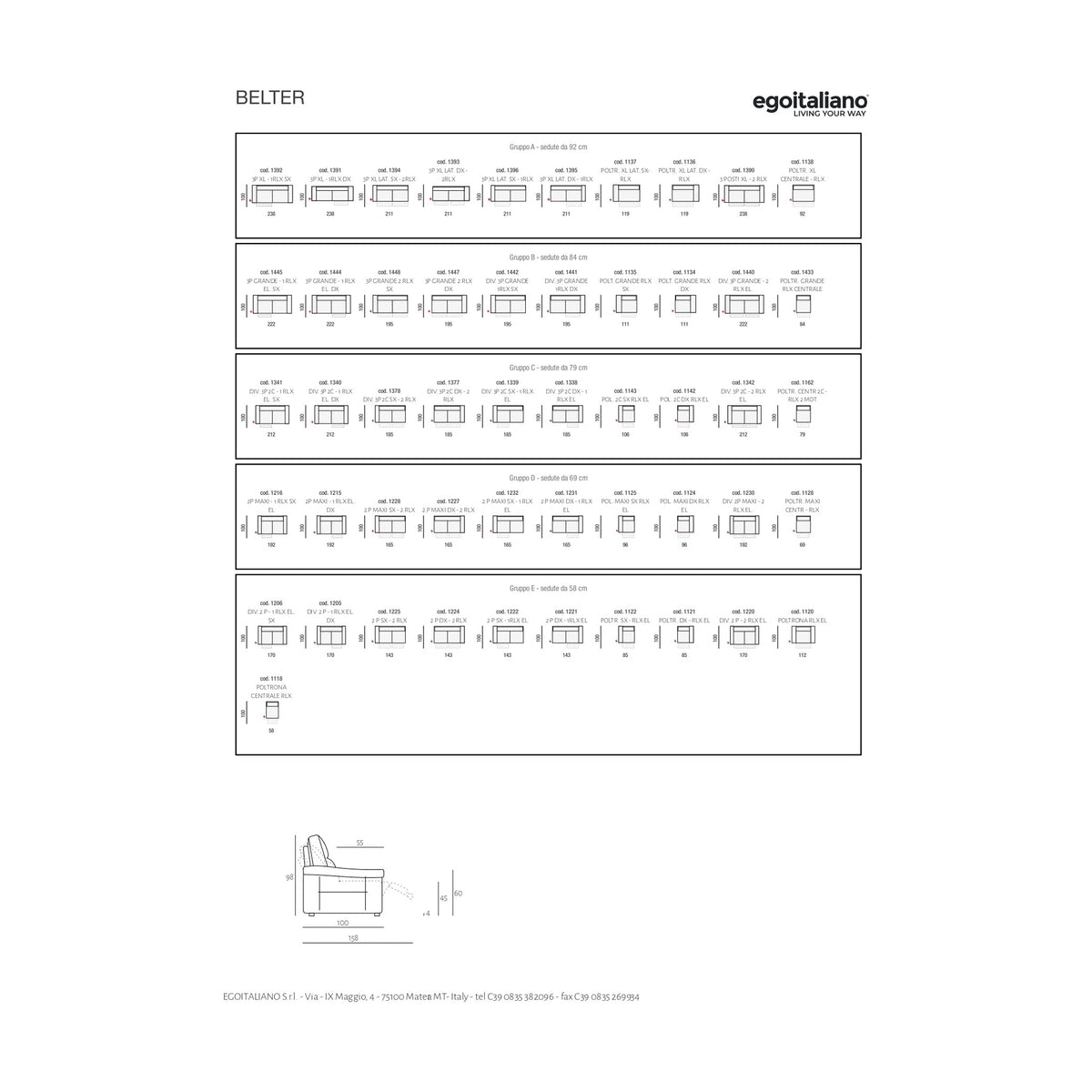 Divano Belter 3P Blu Acciaio Domestica – Dimensions Sheet Relax Versions Side Elevation Open Closed Depth H 98cm