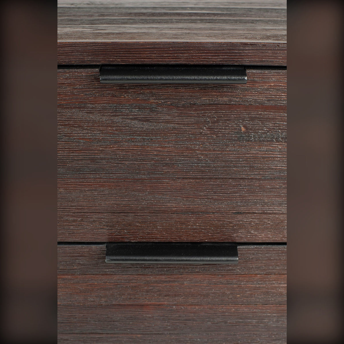 Side Table Webster Brown Domestica – Two Drawers with Black Handles Close-up