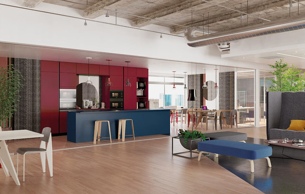 Vama Kitchen for Business Domestica – Fenix Red Jaipur and Blue Fes, General View
