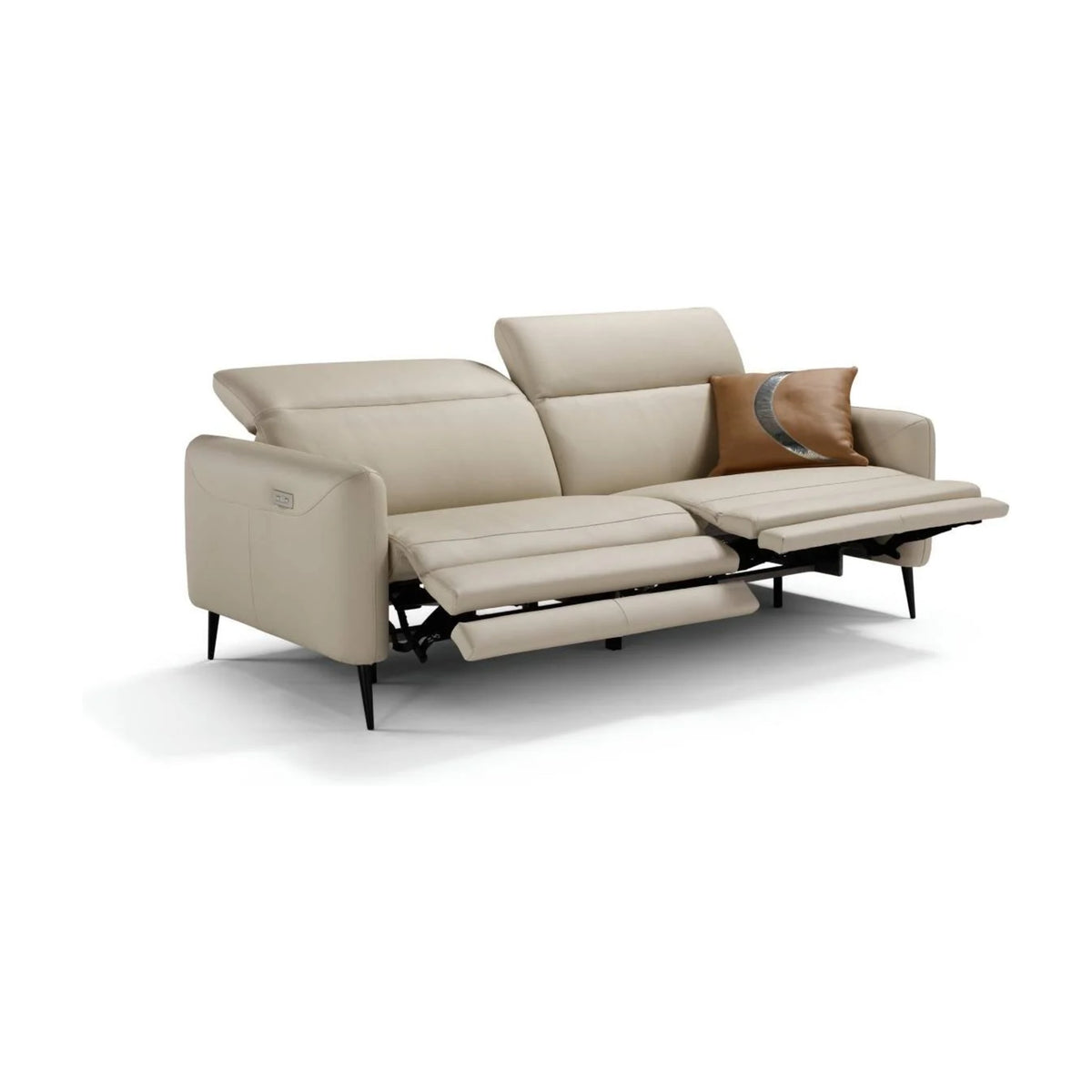 Dusk Domestica – Beige Sofa with Recliners Extended, Three Quarter View on White