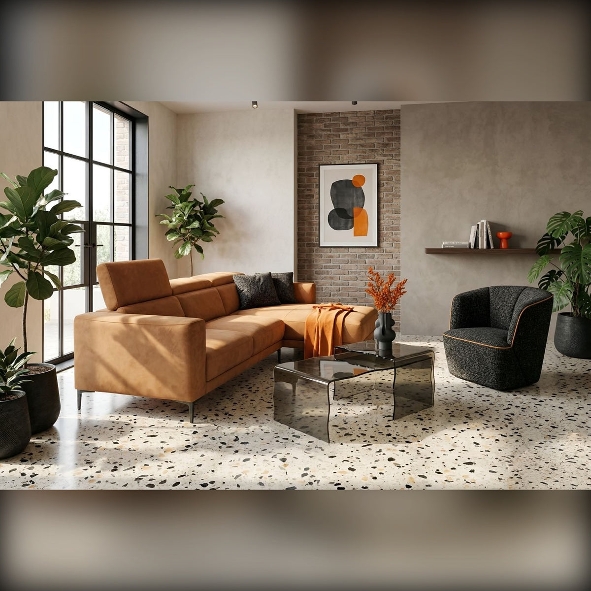 Byron Domestica – Lifestyle – Cognac Corner Sofa with Black Armchair