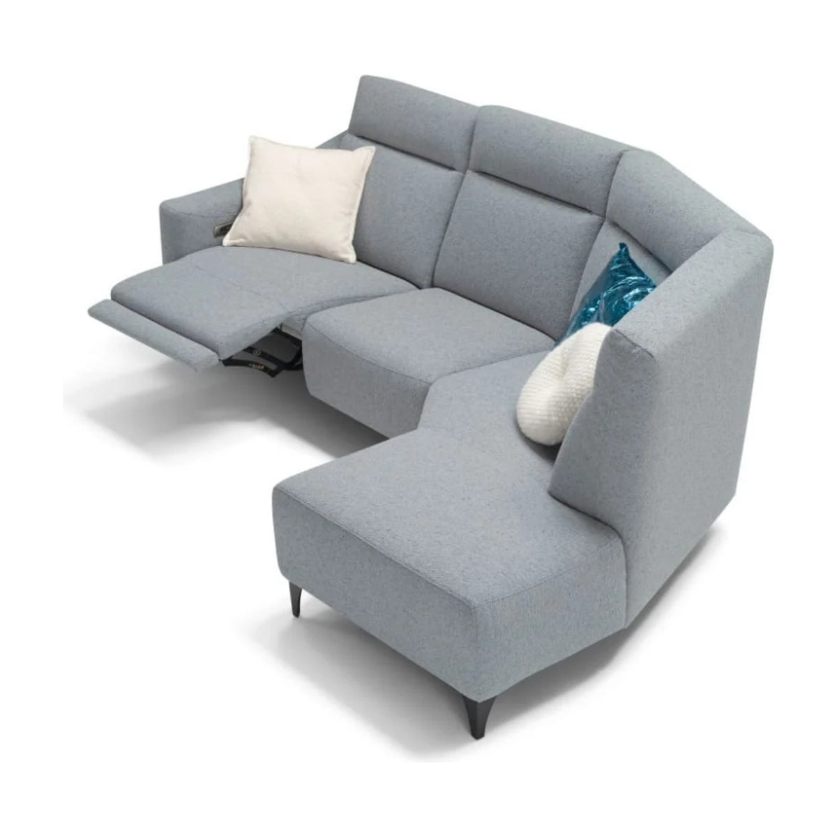 Piper Domestica – Grey Curved Corner Configuration with Recliner Extended, High Angle on White