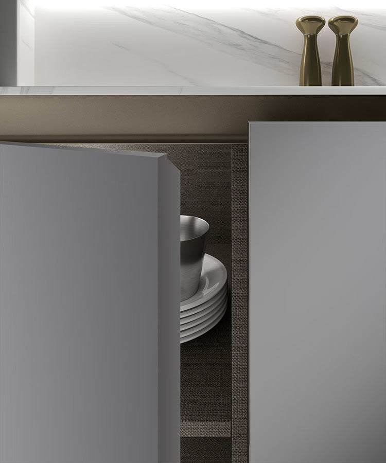 Vista 03 Domestica – Fenix Bronzo wall units and island detail