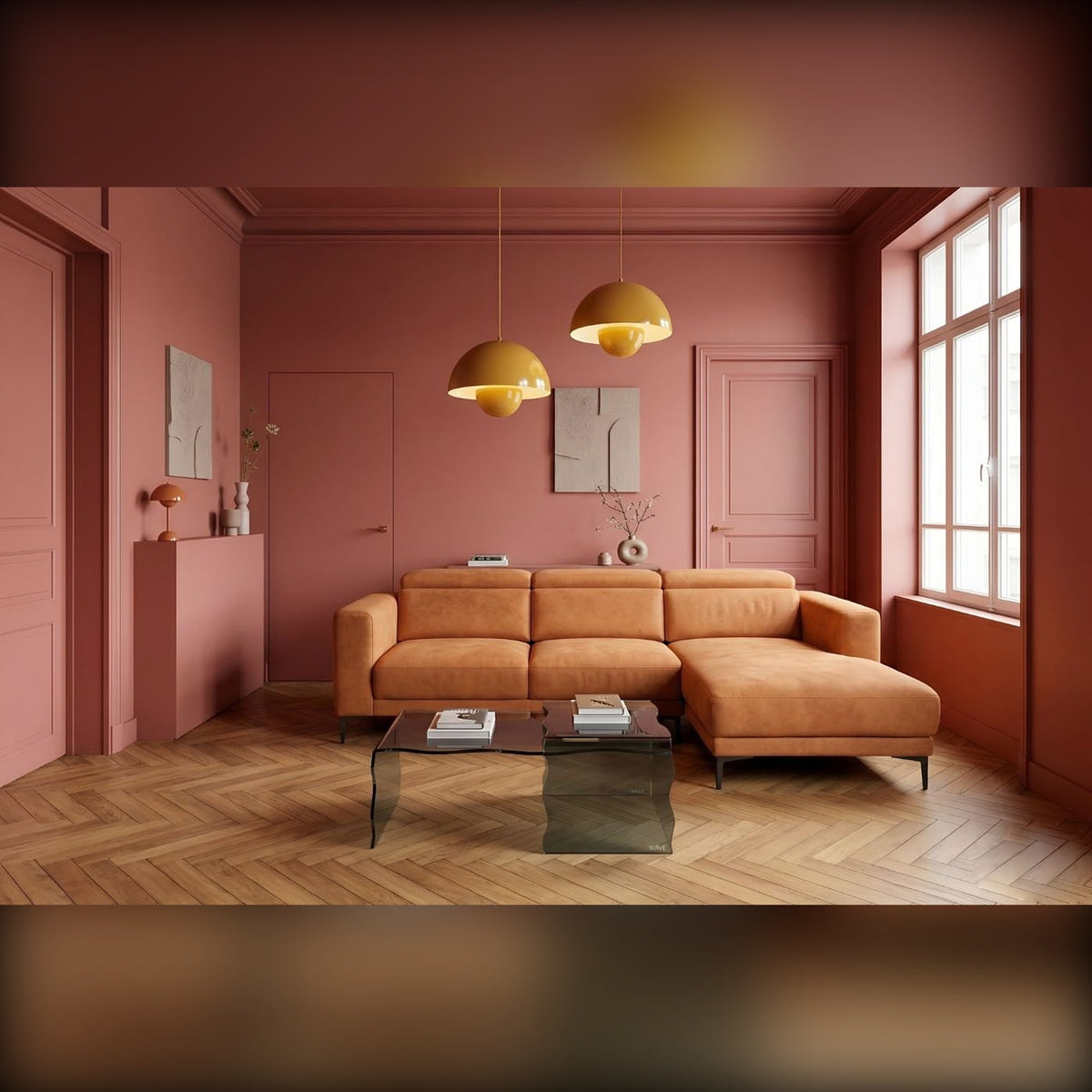 Byron Domestica – Lifestyle – Ochre Chaise Sofa in a Pink Room