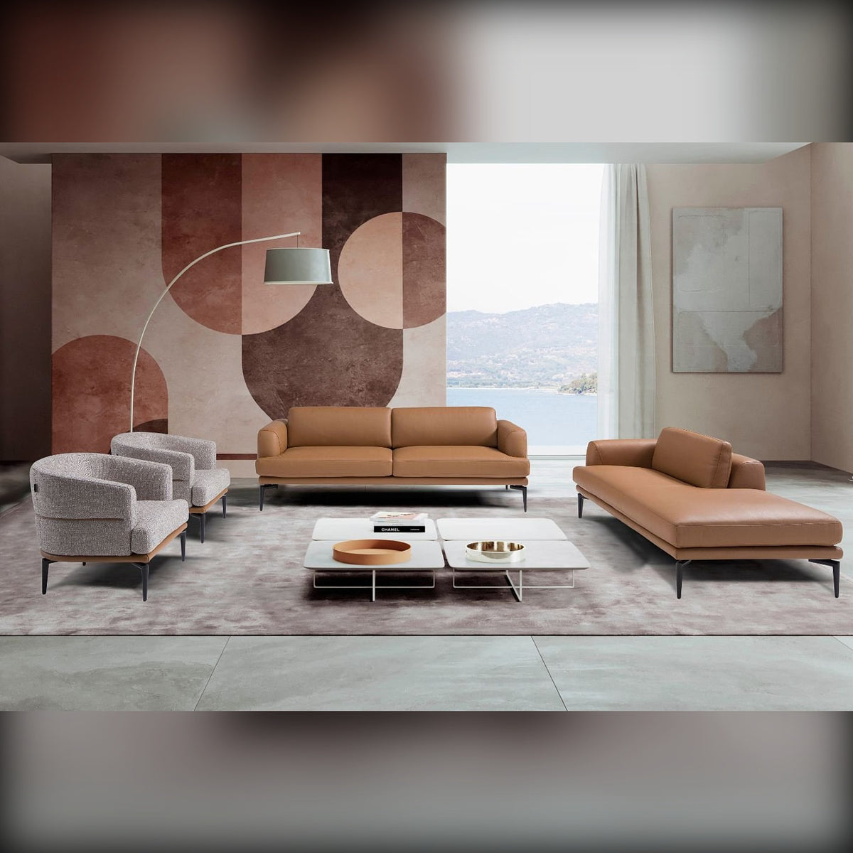 Tiago Domestica – Lifestyle – Sofa, Chaise Longue and Armchairs by a Window with Lake View