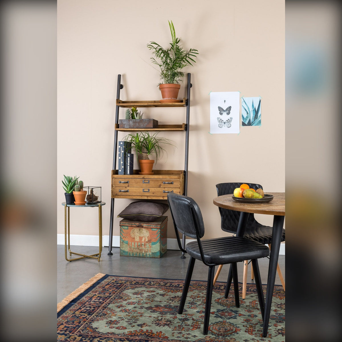 Dining Table Mo 110 Natural Domestica – Lifestyle – With Black Chairs, Shelving and Plants