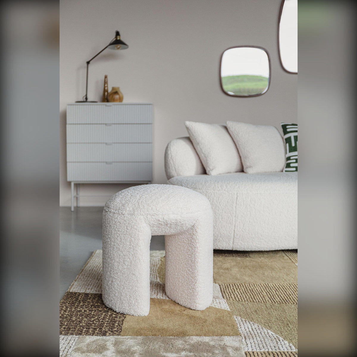 Stool Noxx White Domestica – Lifestyle – Living Room with Sofa and Sideboard