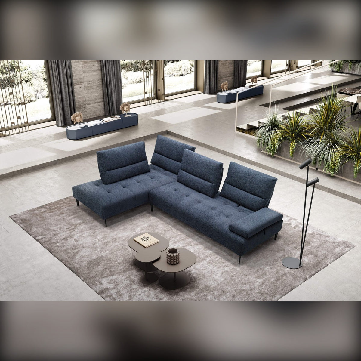 Tate Domestica – Lifestyle – Blue Corner Sofa in a Living Room with Garden View